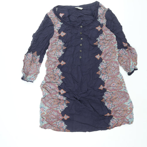 Indigo Womens Blue Modal Shift Size 12 Round Neck Button - Geometric Print
