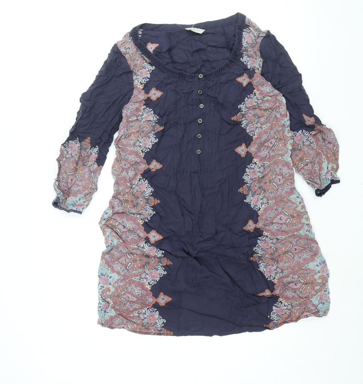 Indigo Womens Blue Modal Shift Size 12 Round Neck Button - Geometric Print