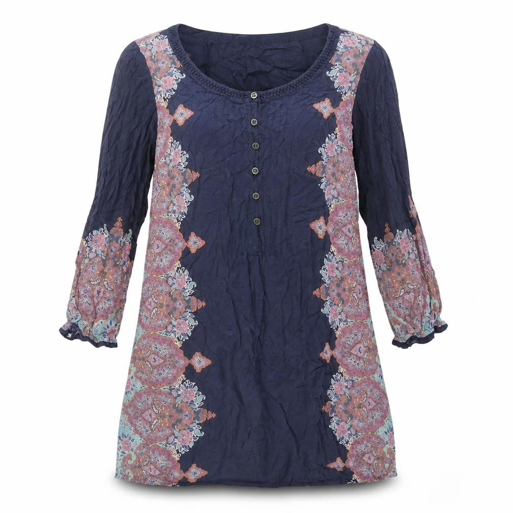 Front view of Indigo women’s blue modal shift, size UK 12, round neck button - geometric print