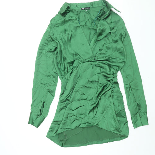 Zara Womens Green Polyester Shirt Dress Size M Collared Zip - Rouched Button