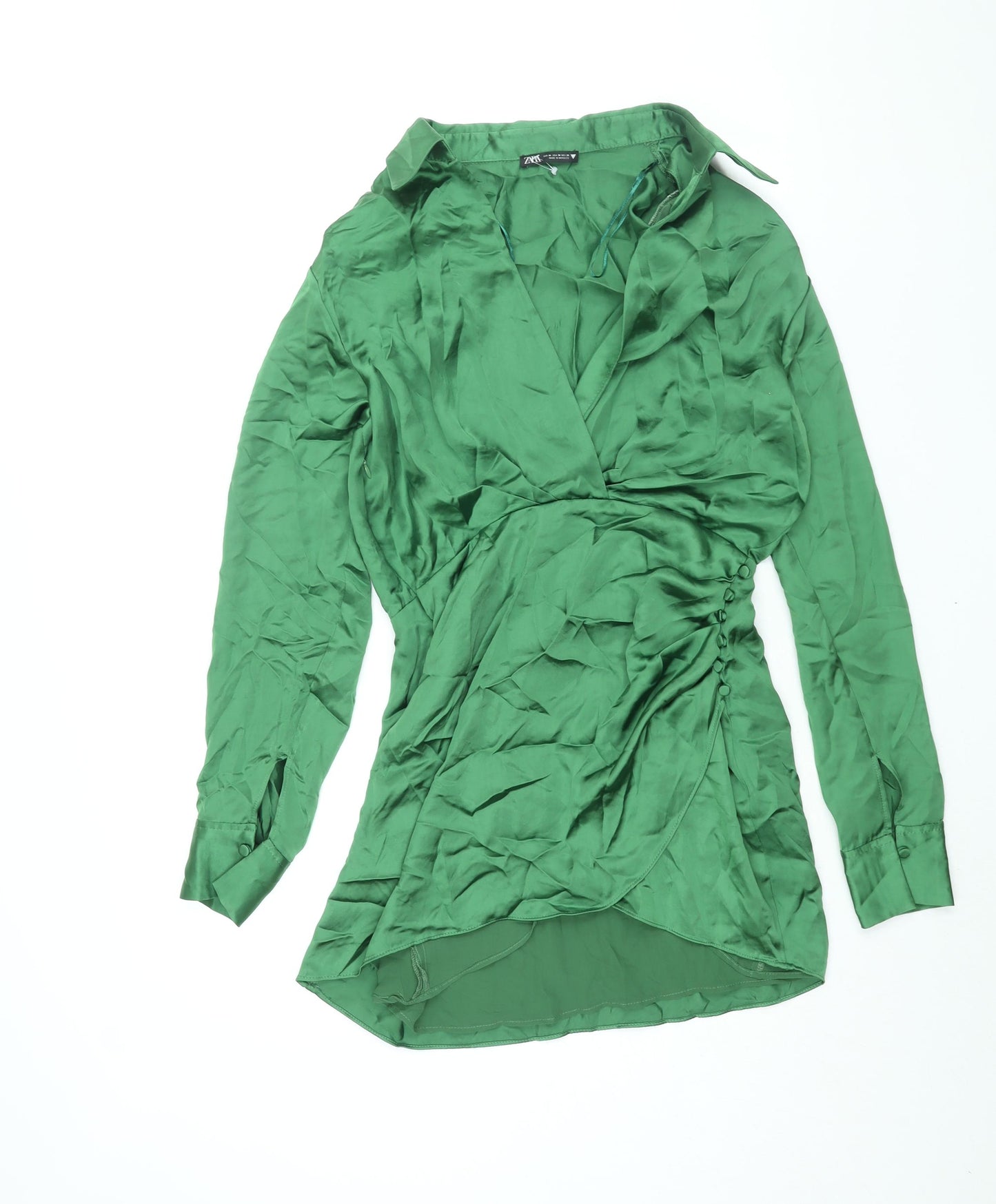 Zara Womens Green Polyester Shirt Dress Size M Collared Zip - Rouched Button