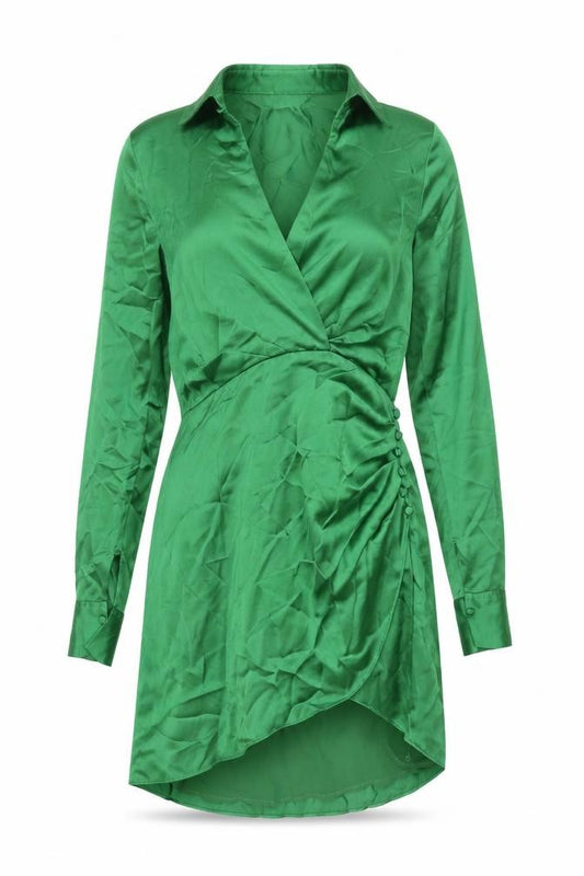 Front view of Zara women’s green polyester shirt dress, size M, collared zip - rouched button