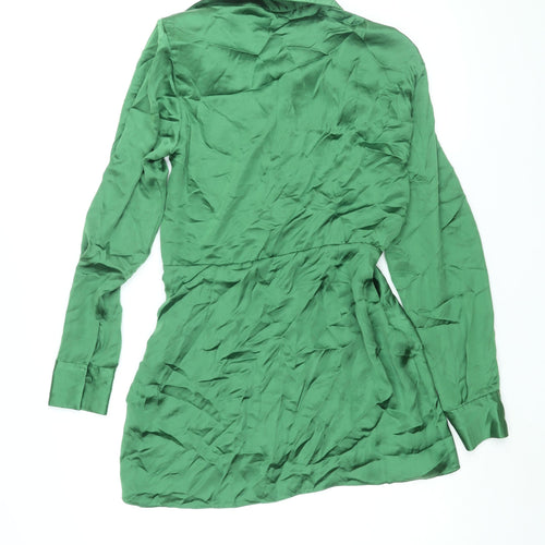 Zara Womens Green Polyester Shirt Dress Size M Collared Zip - Rouched Button