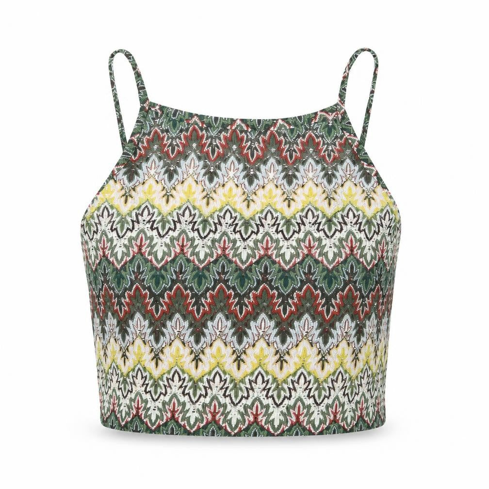 Front view of Topshop women’s multicoloured geometric polyester cropped blouse, size UK 10, scoop neck