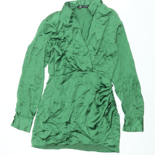Zara Womens Green Polyester Shirt Dress Size S Collared Zip - Rouched Button
