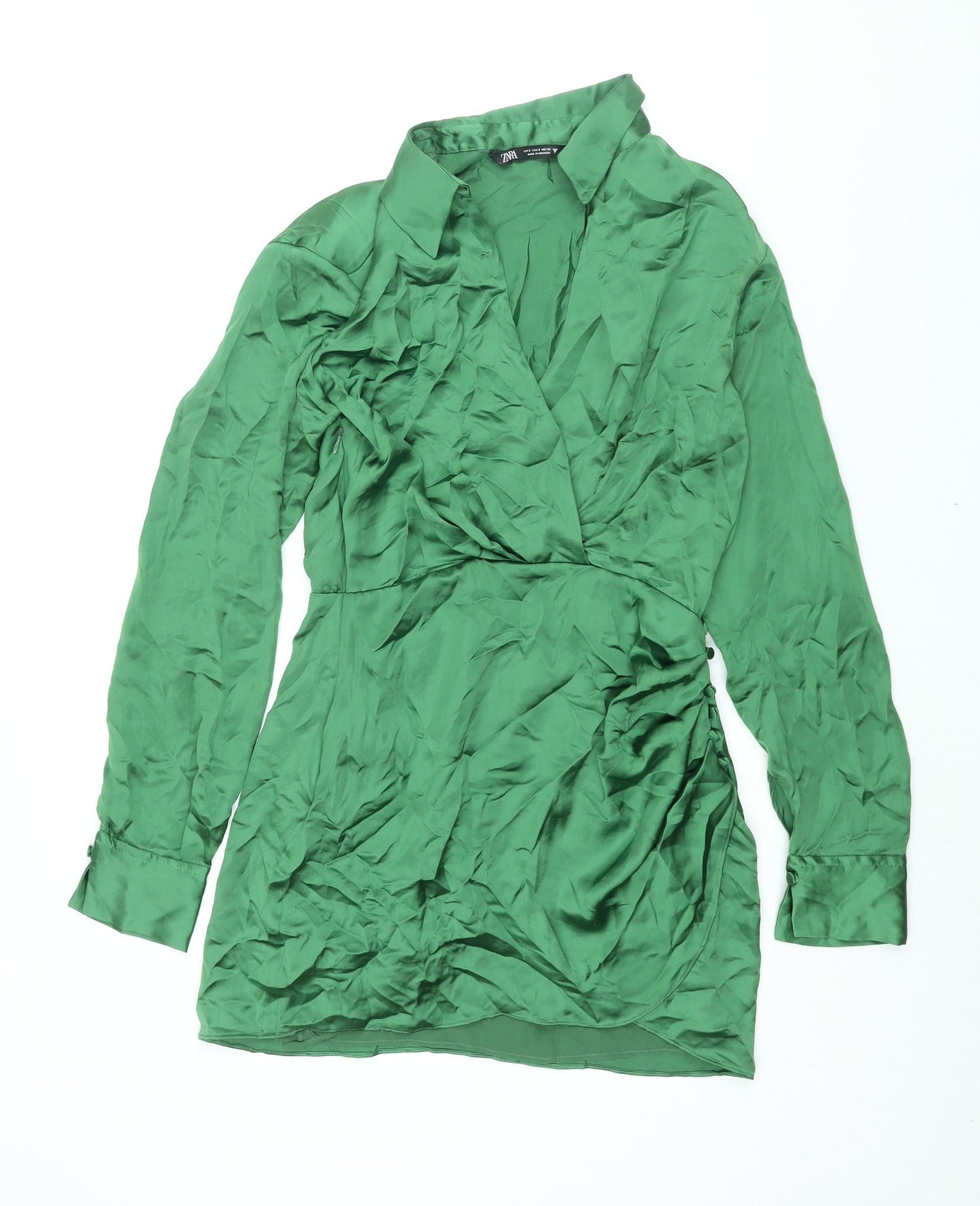 Zara Womens Green Polyester Shirt Dress Size S Collared Zip - Rouched Button