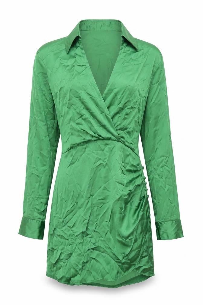 Front view of Zara women’s green polyester shirt dress, size S, collared zip - rouched button