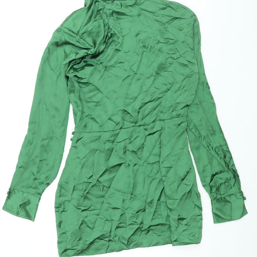 Zara Womens Green Polyester Shirt Dress Size S Collared Zip - Rouched Button