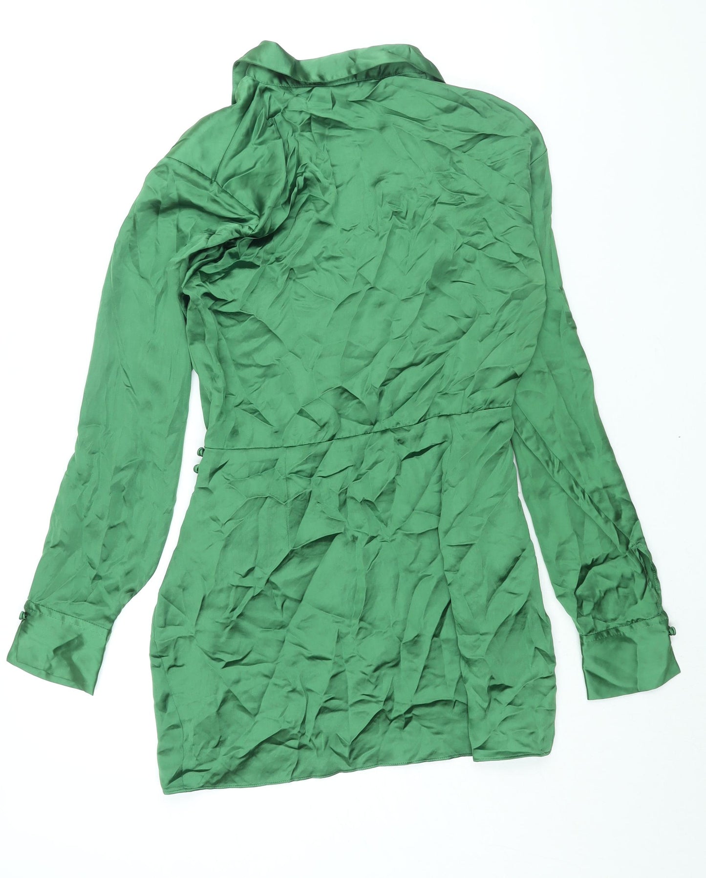 Zara Womens Green Polyester Shirt Dress Size S Collared Zip - Rouched Button