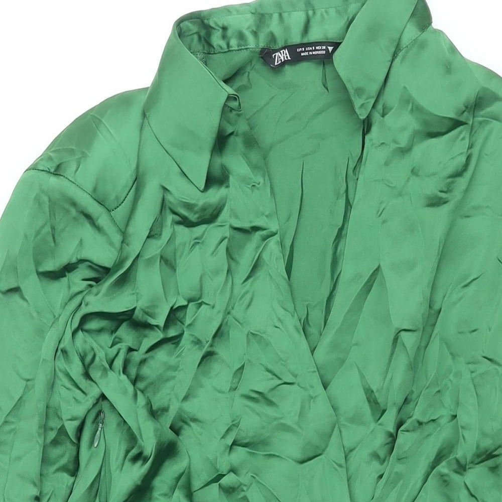 Zara Womens Green Polyester Shirt Dress Size S Collared Zip - Rouched Button