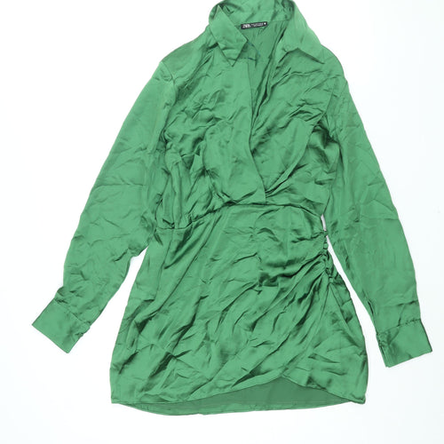 Zara Womens Green Polyester Shirt Dress Size M Collared Zip - Button Rouched