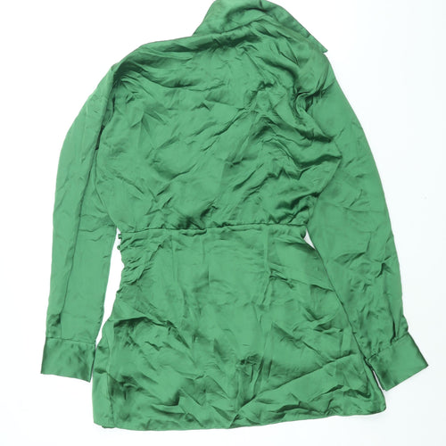 Zara Womens Green Polyester Shirt Dress Size M Collared Zip - Button Rouched