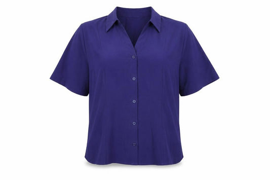 Front view of AMARANTO women’s purple polyester basic button-up, size UK 16, collared