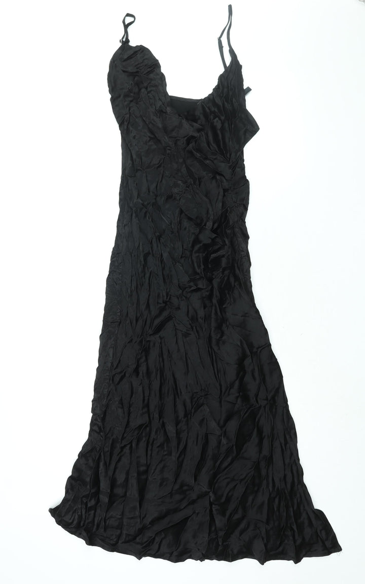 Stradivarius Womens Black Viscose Slip Dress Size L V-Neck Zip - Side Slit