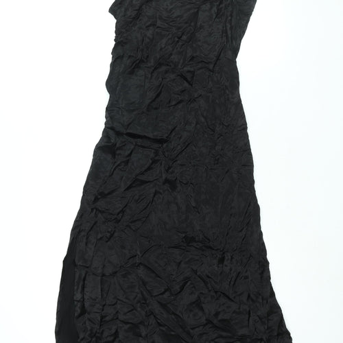 Stradivarius Womens Black Viscose Slip Dress Size L V-Neck Zip - Side Slit