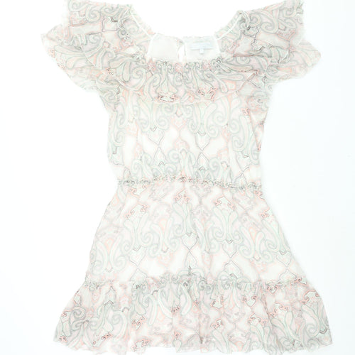 Red Herring Womens Multicoloured Geometric Polyester Shift Size 14 Scoop Neck Button - Frill