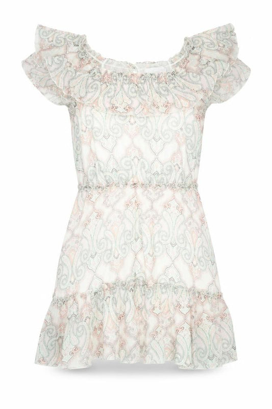 Front view of Red Herring women’s multicoloured geometric polyester shift, size UK 14, scoop neck button - frill