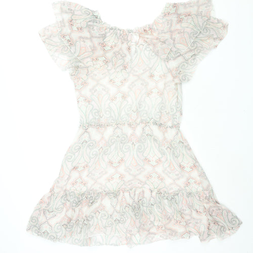 Red Herring Womens Multicoloured Geometric Polyester Shift Size 14 Scoop Neck Button - Frill