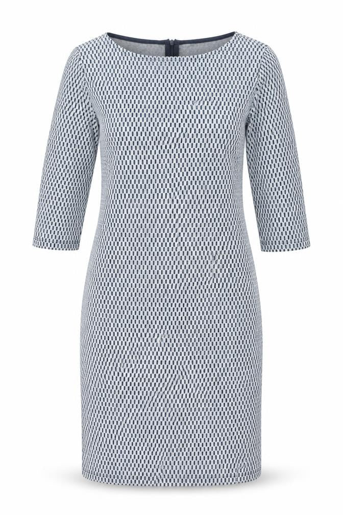Front view of ESPRIT women’s grey check polyester bodycon, size M, round neck zip