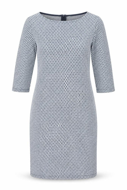 Front view of ESPRIT women’s grey check polyester bodycon, size M, round neck zip