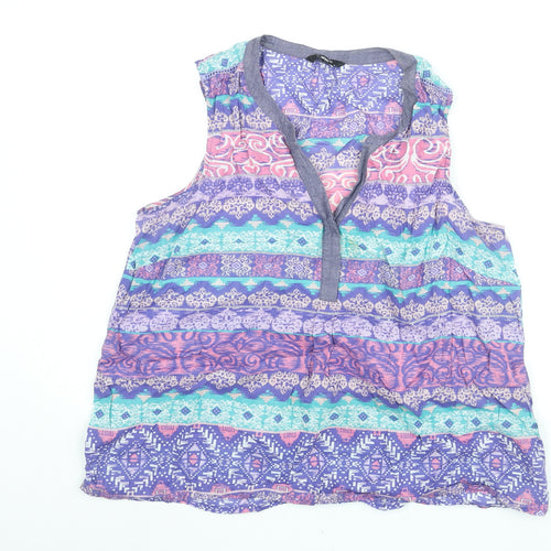M&Co Womens Purple Geometric Cotton Basic Blouse Size 16 V-Neck