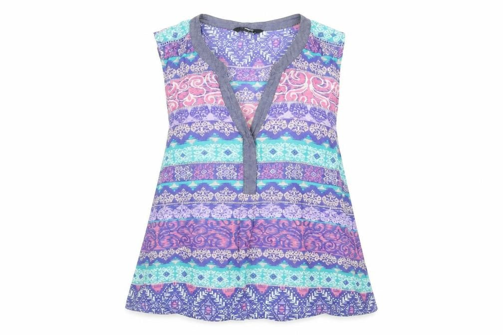 Front view of M&Co women’s purple geometric cotton basic blouse, size UK 16, v-neck