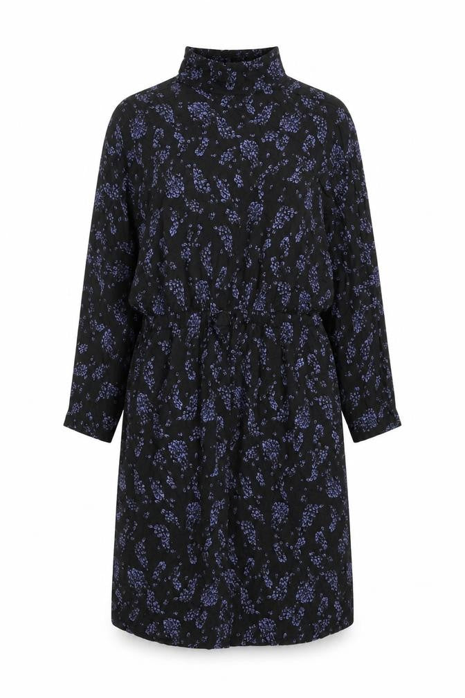 Front view of Monsoon women’s black geometric viscose shift, size M, mock neck pullover - drawstring waist