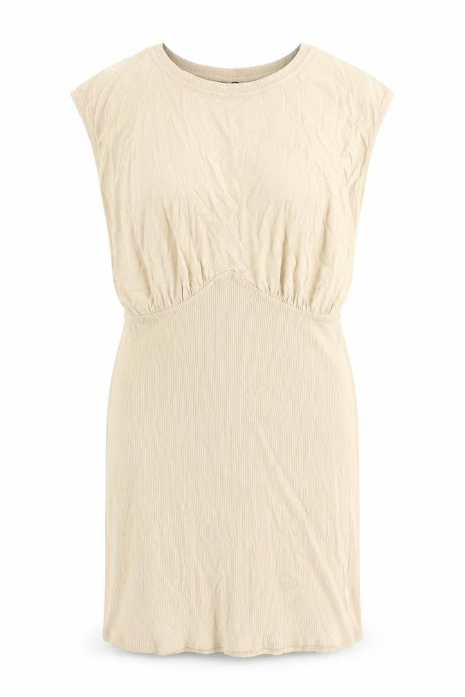 Front view of Bershka women’s beige cotton shift, size L, round neck pullover