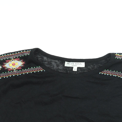 Brave Soul Womens Black Polyester Basic Blouse Size S Round Neck - Embroidered