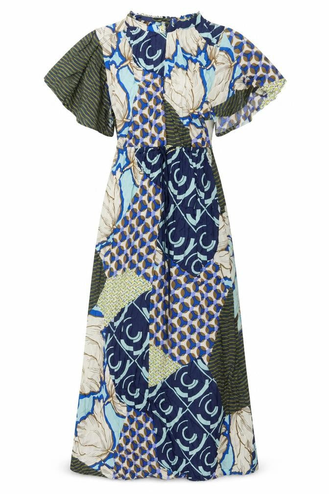 Front view of Next women’s multicoloured geometric viscose shift, size UK 14, mock neck zip - drawstring waist
