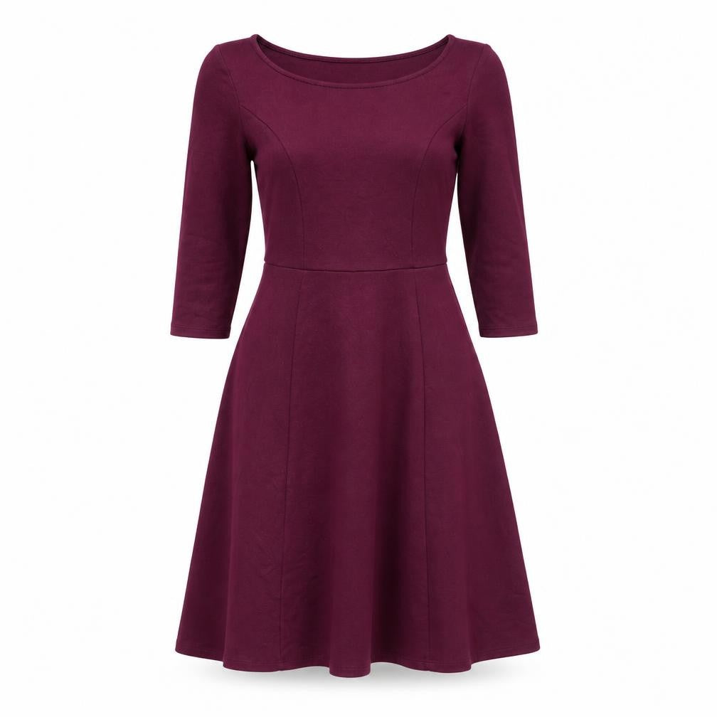 Front view of Monsoon women’s purple polyester fit & flare, size UK 8, round neck zip