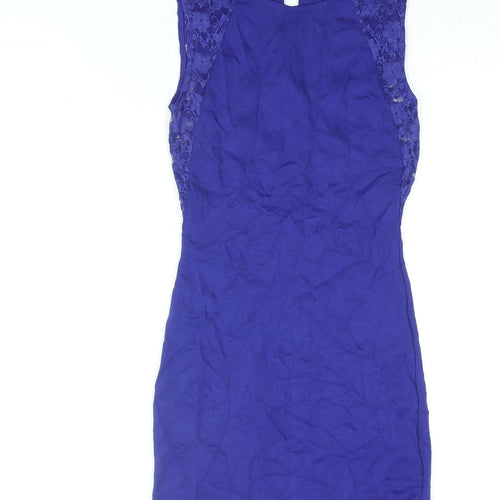 Divided by H&M Womens Blue Viscose Bodycon Size 6 Round Neck Button - Lace Detail