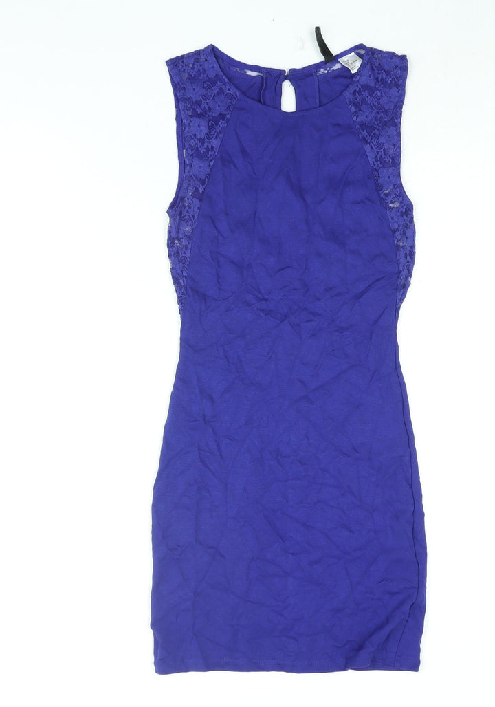 Divided by H&M Womens Blue Viscose Bodycon Size 6 Round Neck Button - Lace Detail