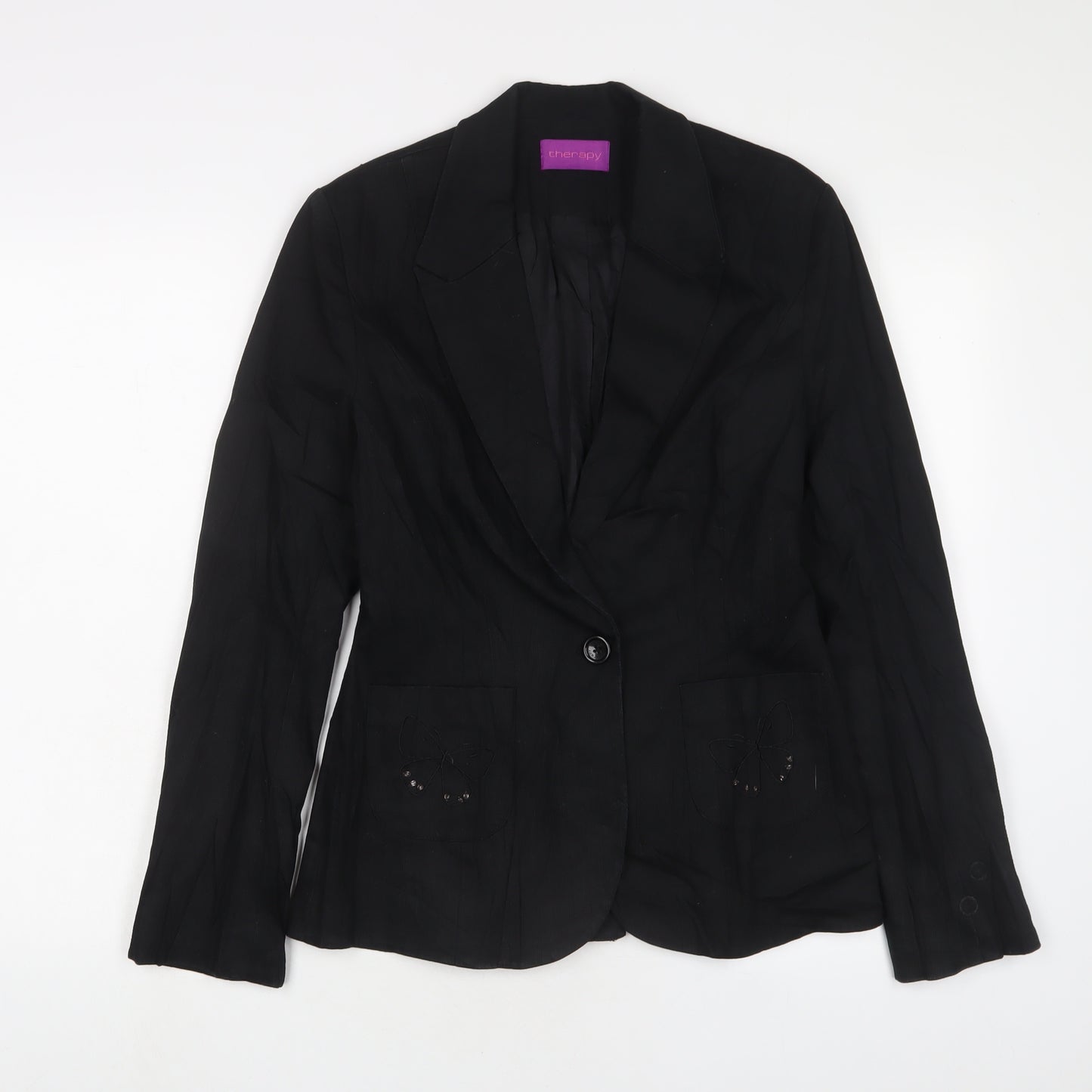 Therapy Womens Black Jacket Blazer Size 12 Button - Embroidered, Sequins