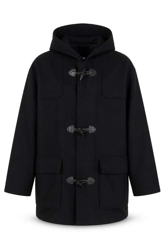 Front view of Burton men’s black jacket, size L, button - pockets