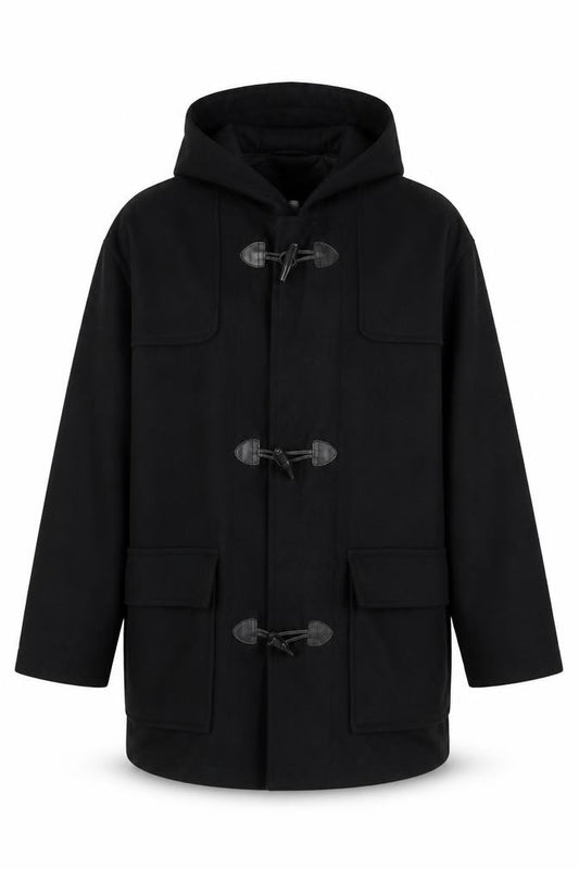 Front view of Burton men’s black jacket, size L, button - pockets