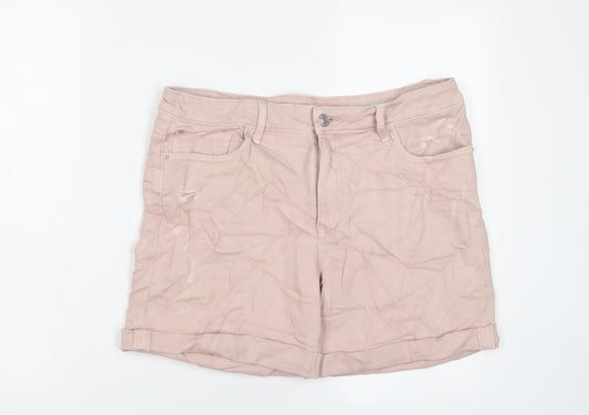 Marks and Spencer Womens Pink Cotton Boyfriend Shorts Size 12 L6 in Regular Zip