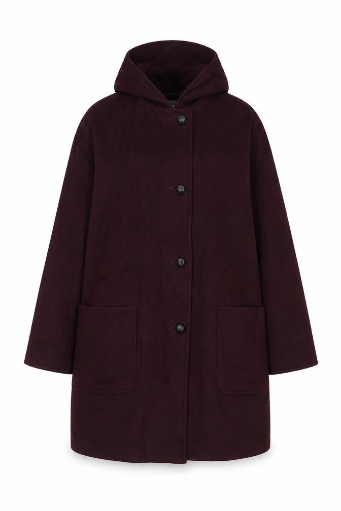 Front view of Larry Levine women’s purple overcoat coat, size UK 6, button