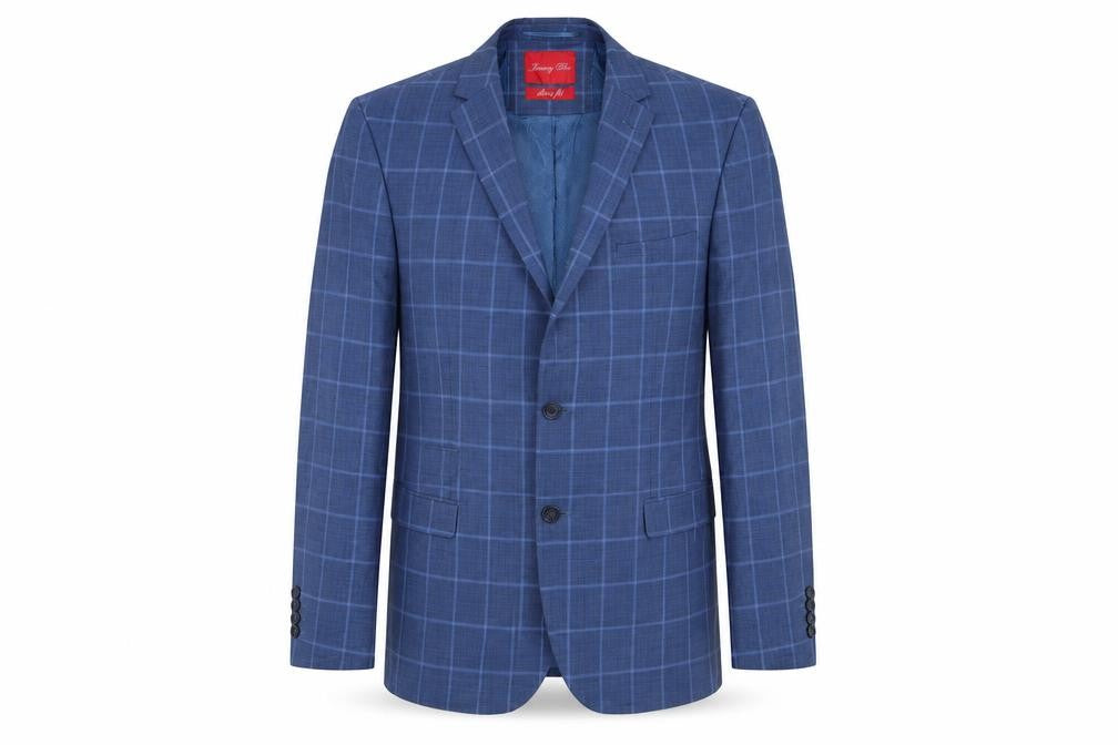 Front view of jimmy bee men’s blue plaid wool jacket suit jacket, size 40, regular