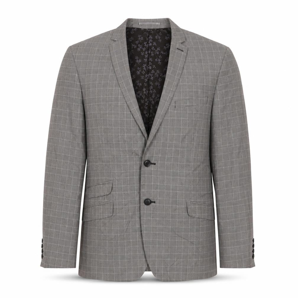 Front view of Limehaus men’s grey plaid polyester jacket suit jacket, size 40, regular
