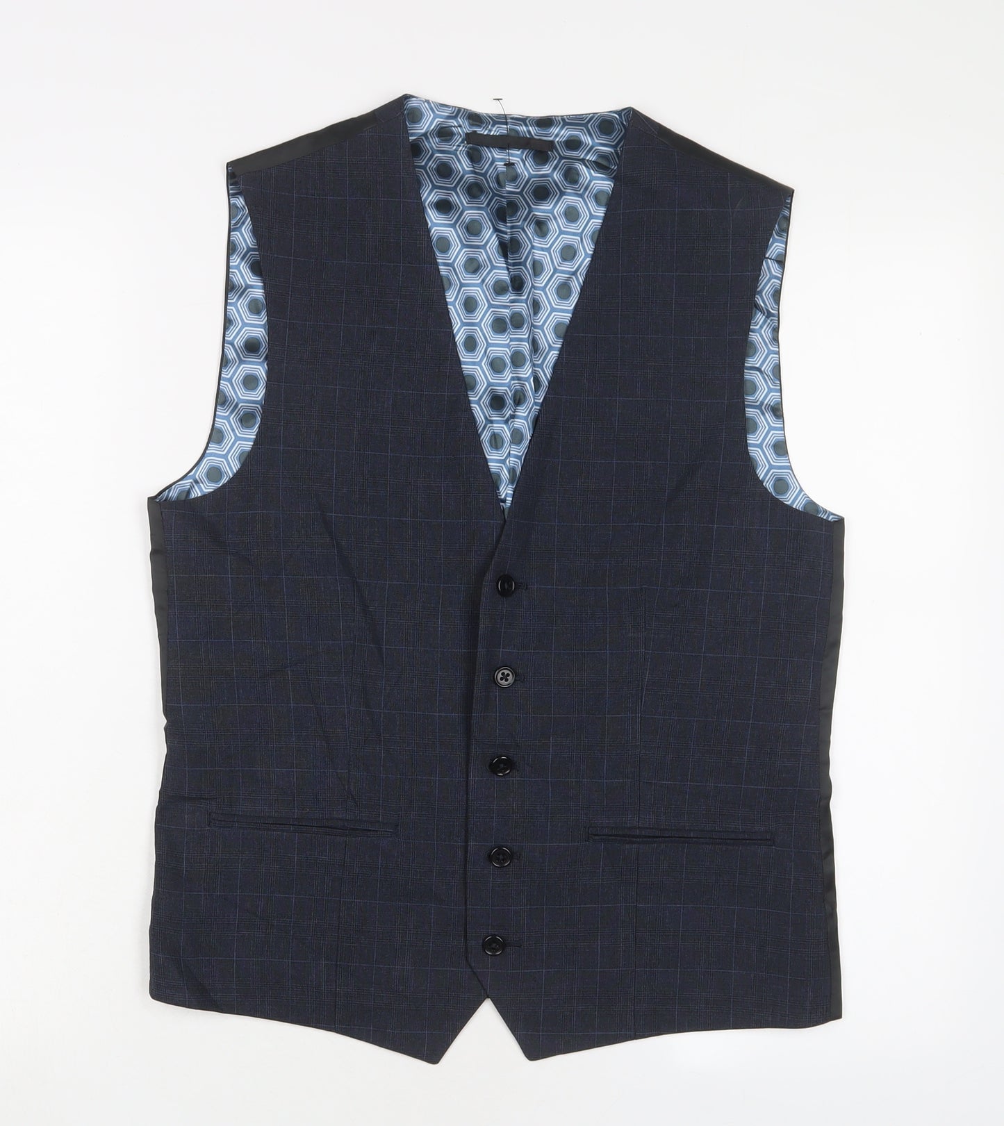 NEXT Mens Blue Plaid Polyester Jacket Suit Waistcoat Size 38 Regular