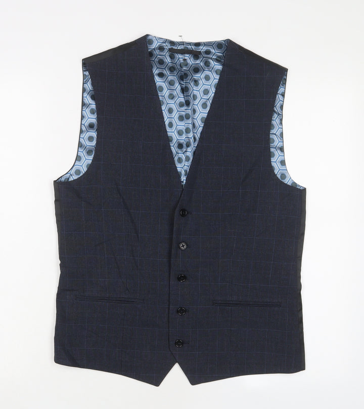 NEXT Mens Blue Plaid Polyester Jacket Suit Waistcoat Size 38 Regular