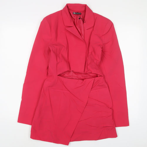 Zara Womens Pink Polyester Jacket Dress Size S V-Neck Zip
