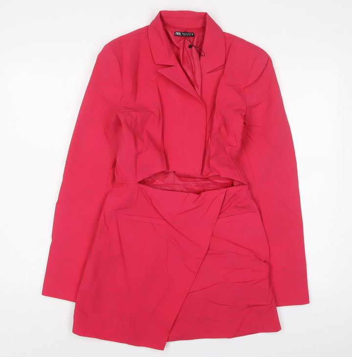 Zara Womens Pink Polyester Jacket Dress Size S V-Neck Zip