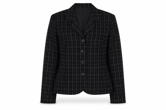 Front view of Next women’s black plaid jacket blazer, size UK 8, button