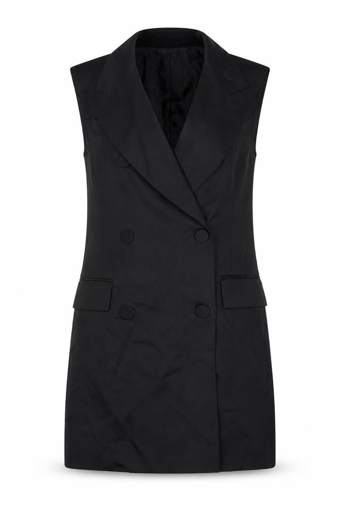Front view of Topshop women’s black gilet blazer, size UK 8, button