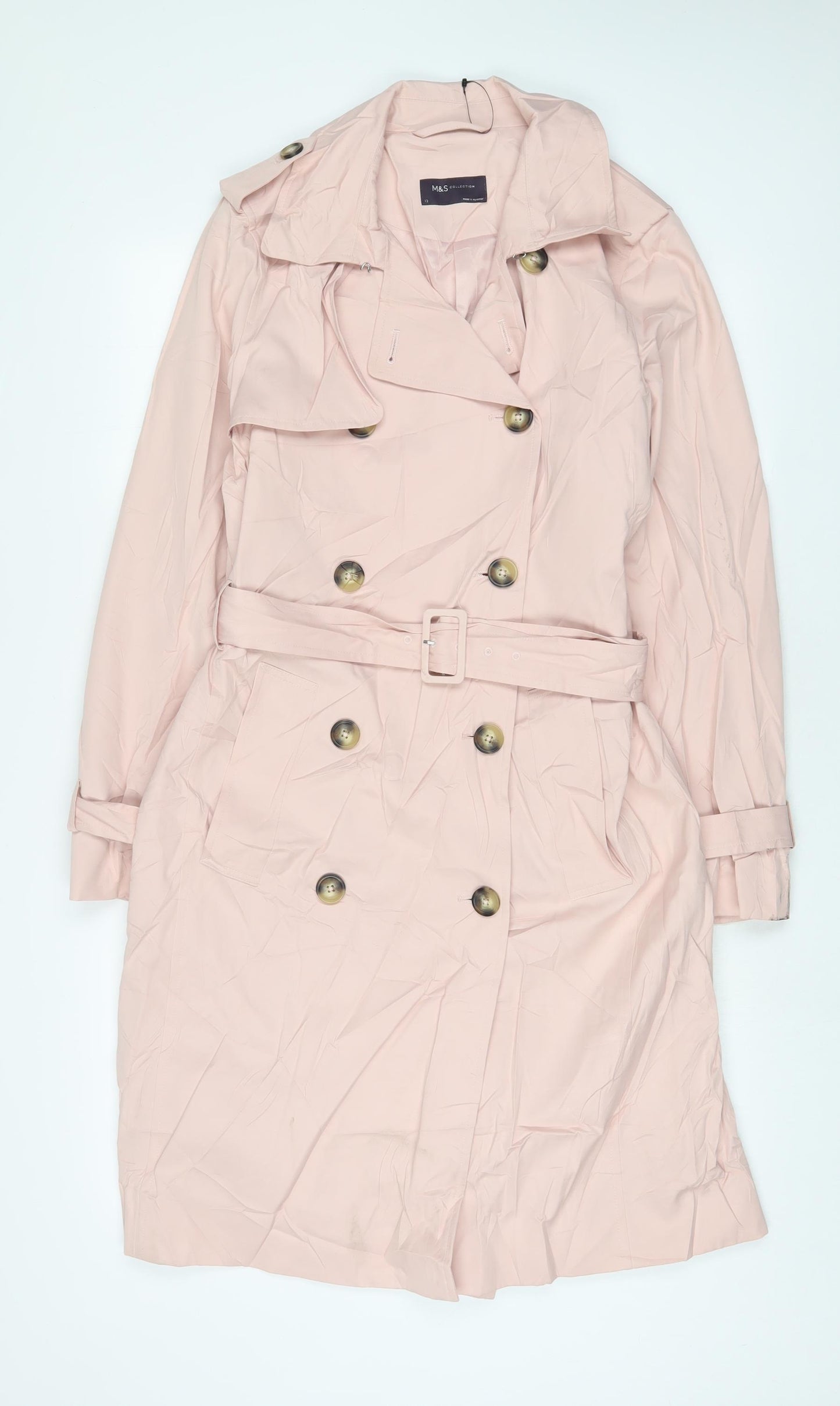 Marks and Spencer Womens Pink Overcoat Coat Size 12 Button - Belted