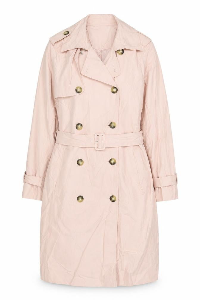 Front view of Marks & Spencer women’s pink overcoat coat, size UK 12, button - belted
