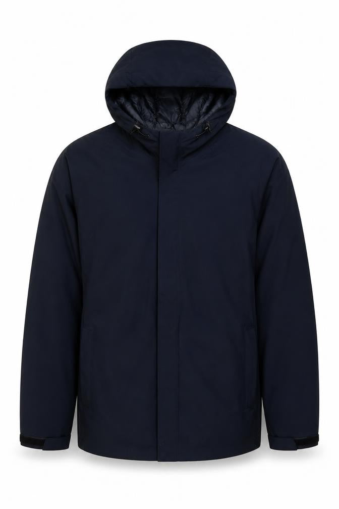 Front view of 32 Degrees men’s blue jacket coat, size M, zip