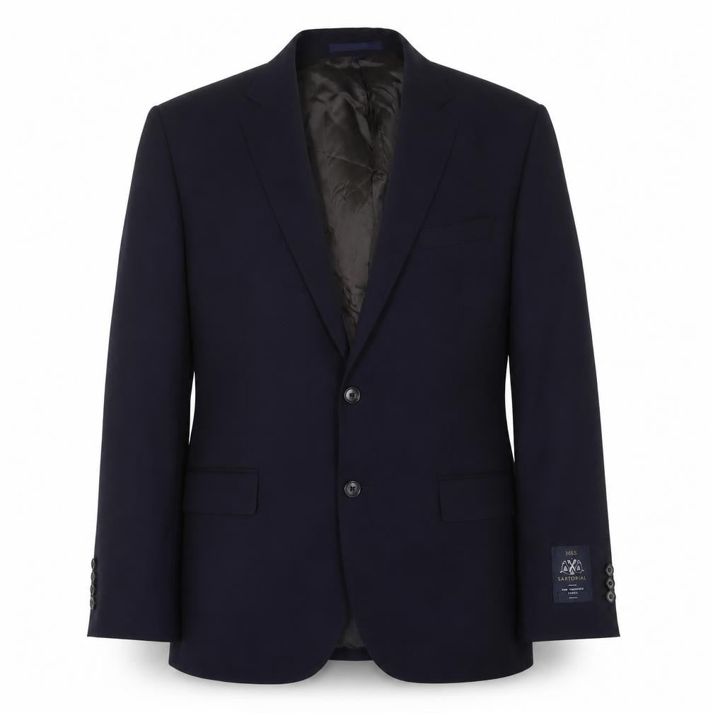 Front view of Marks & Spencer men’s blue wool jacket suit jacket, size 42, regular